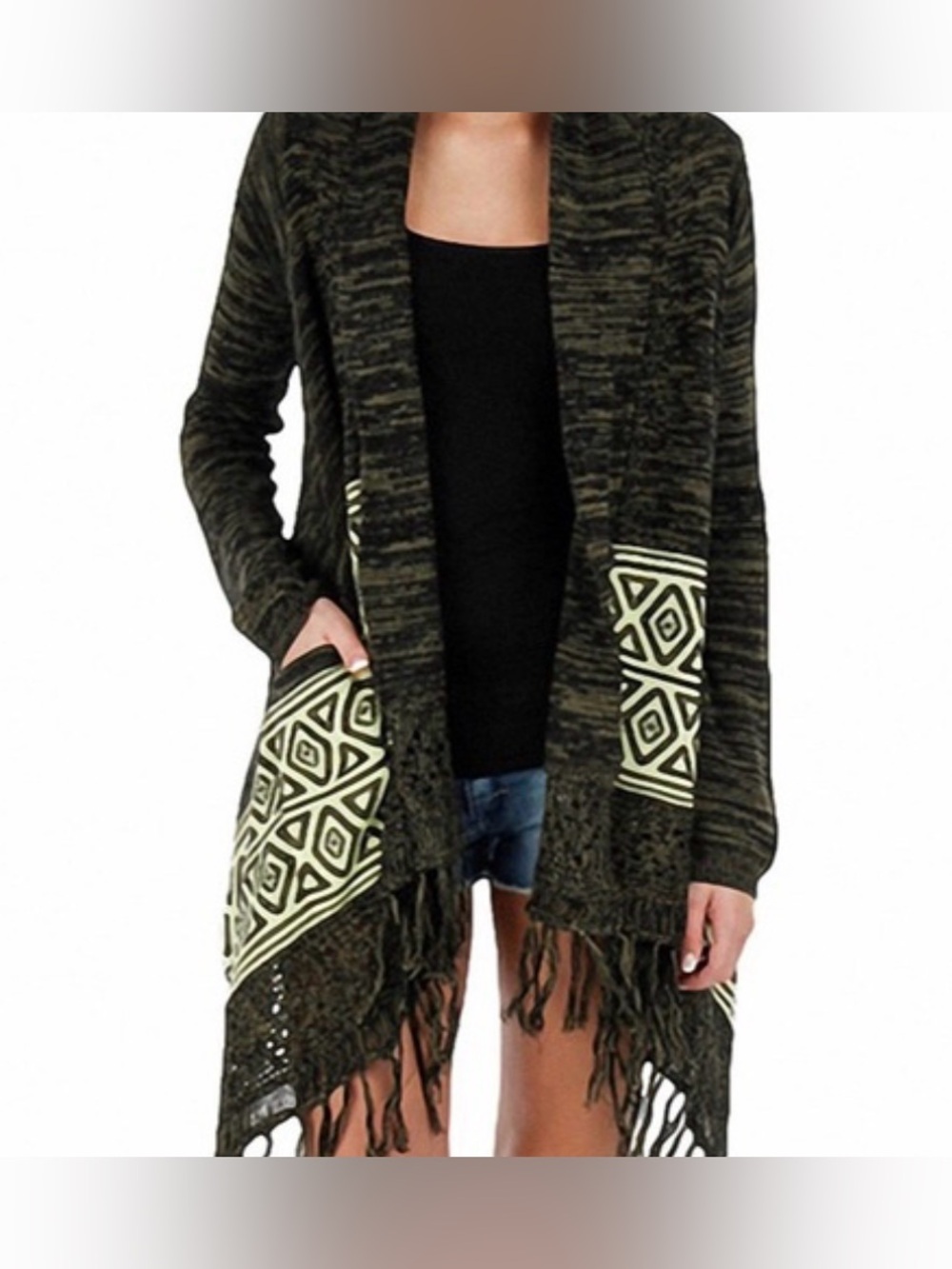 Billabong Olive Green Fringe Open-Front Cardigan